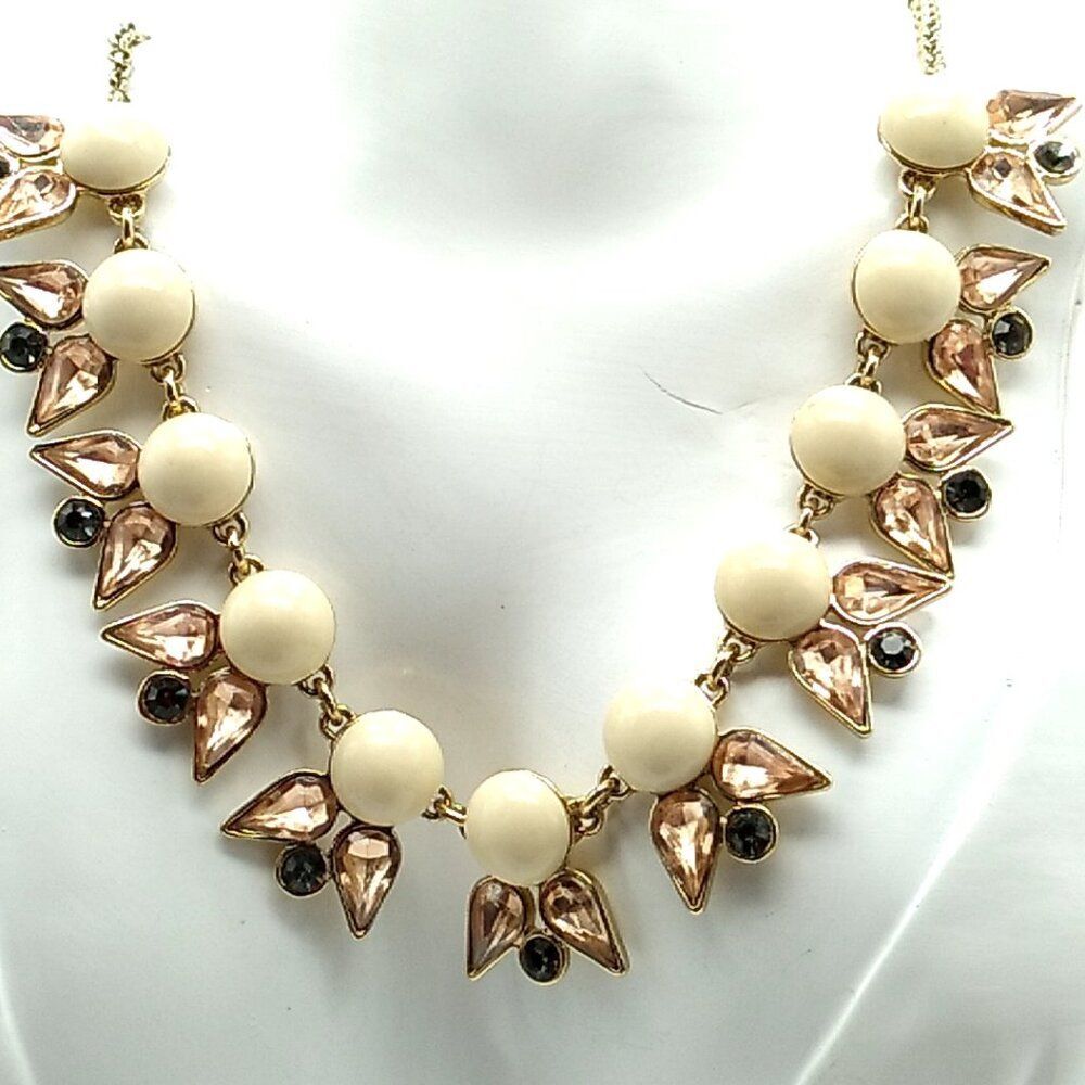 J CREW Necklace Cream Resin Peach & Gray Rhinestone Crystal Gold-tone Chain